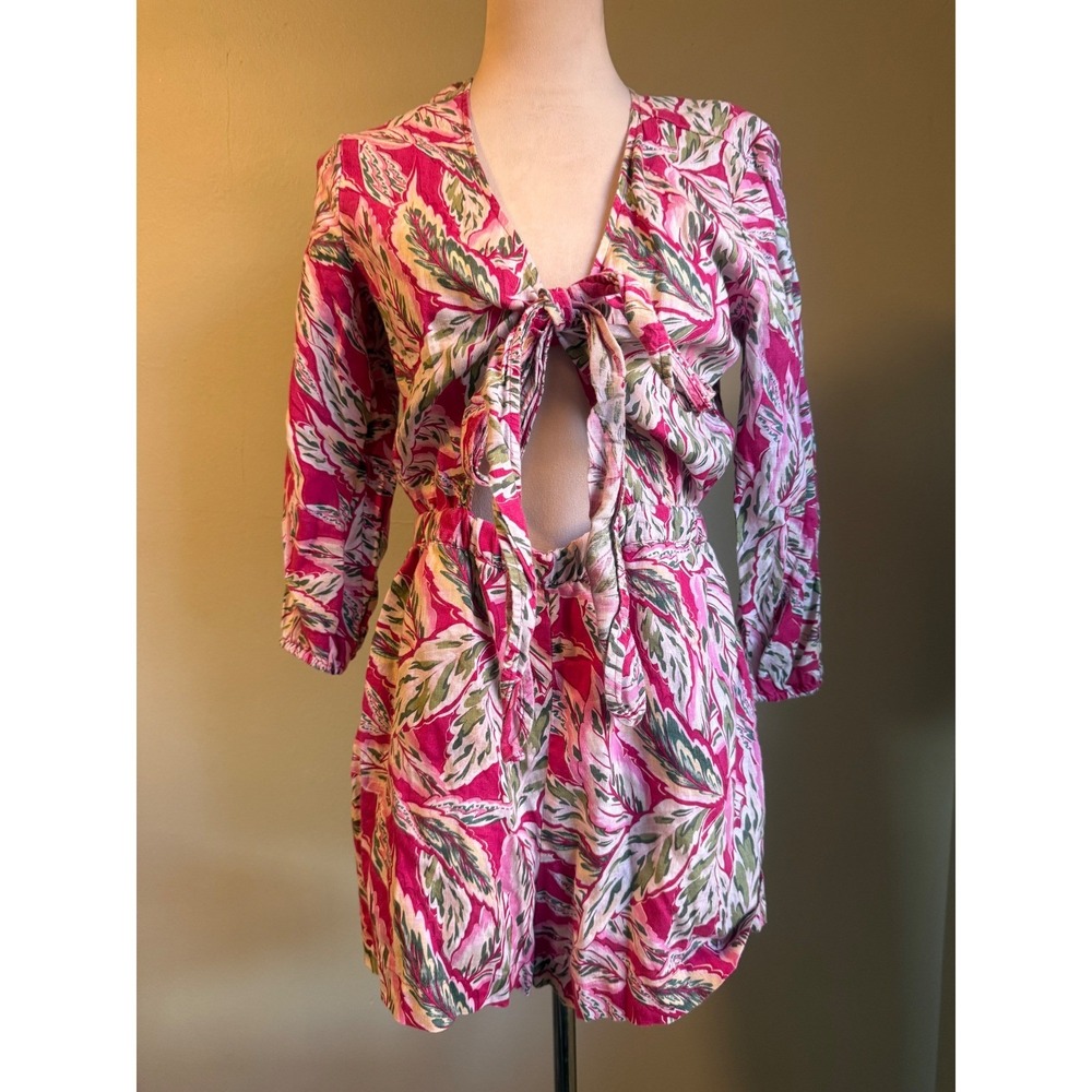 LOFT Beach Pink Green tropical Tie Front Cutout Romper XS boho beac resort green